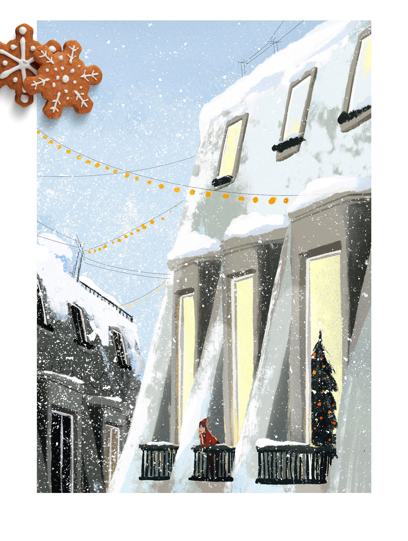 Девушка на заснеженном балконе смотрит на крыши и как идет снег