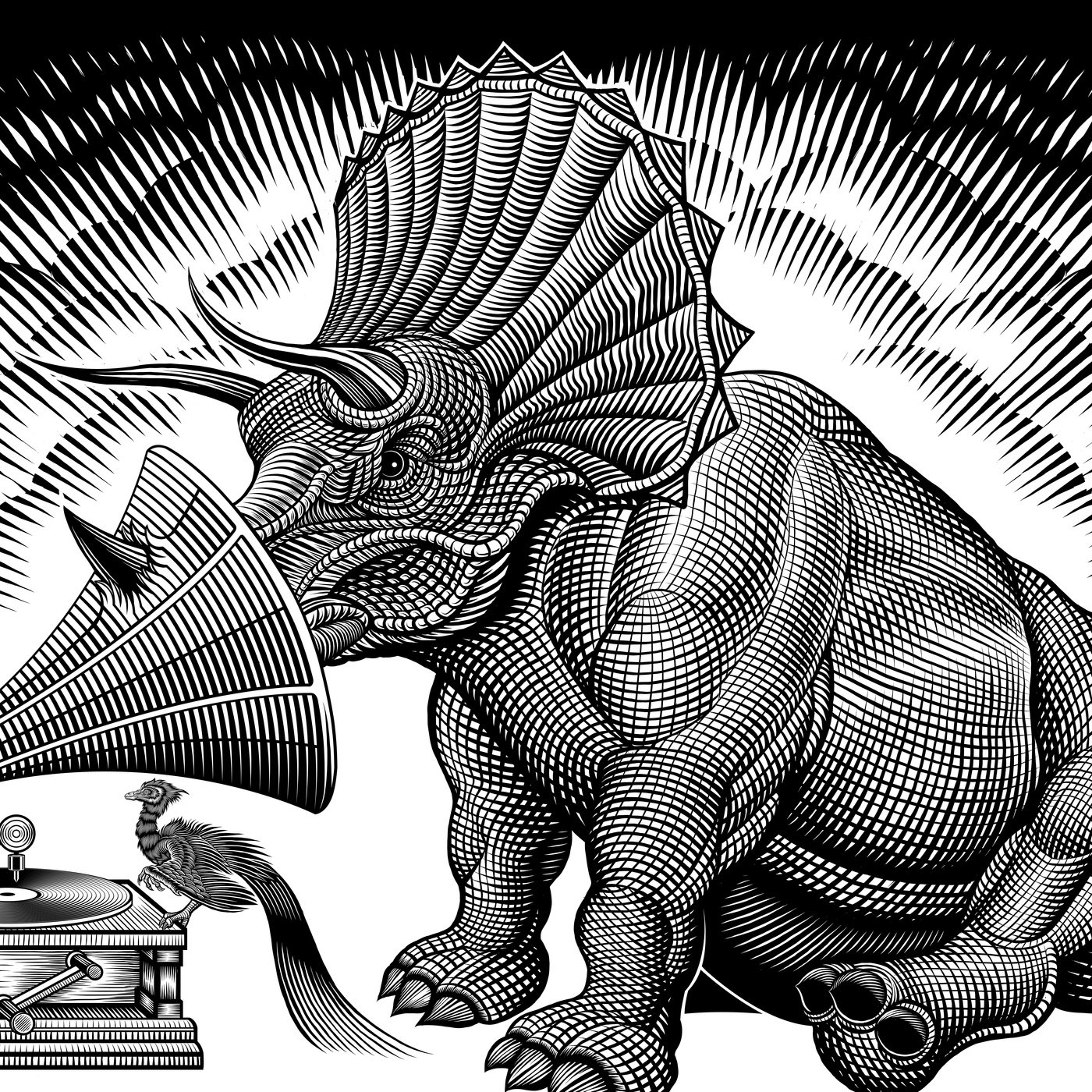 triceratops Dinosaur vector vinyl record player phonograph prehistoric lizard black and white