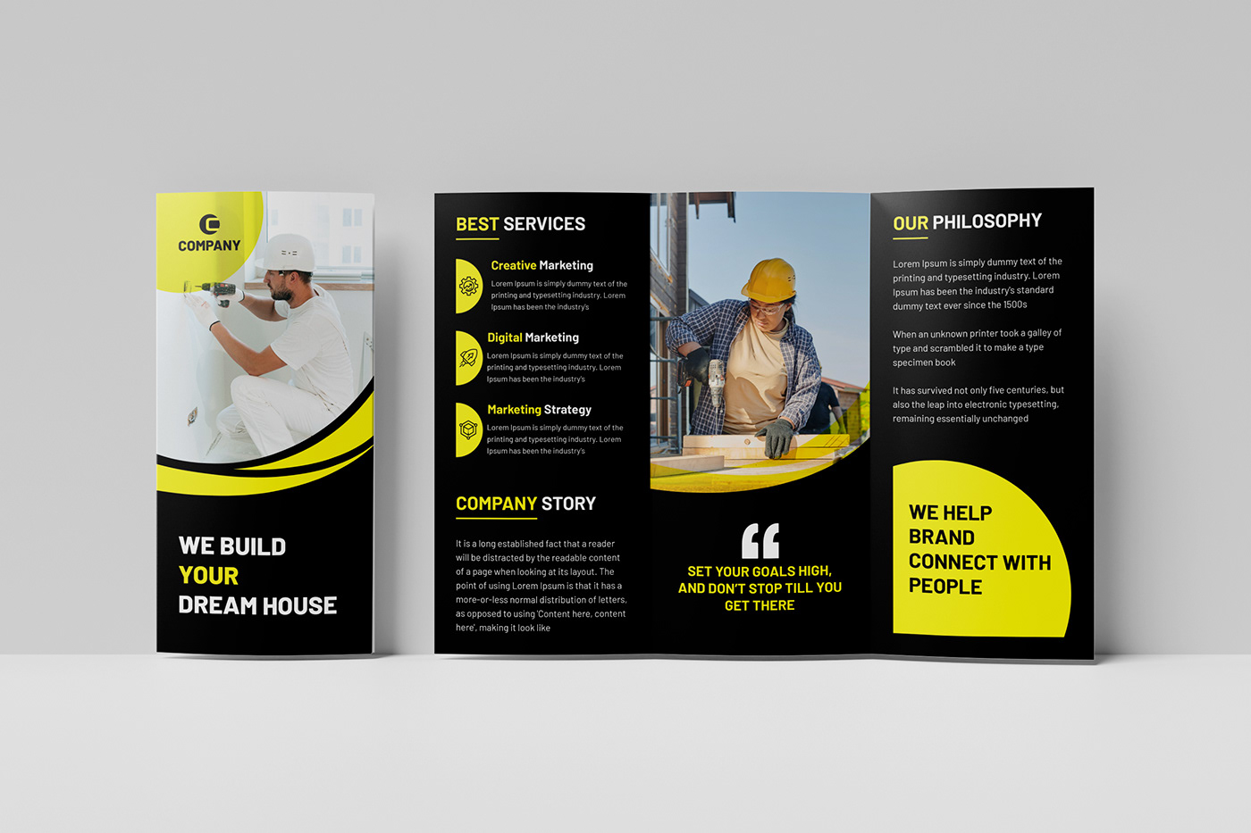 trifold construction real estate template brochure print brand identity Graphic Designer Social media post Brand Design
