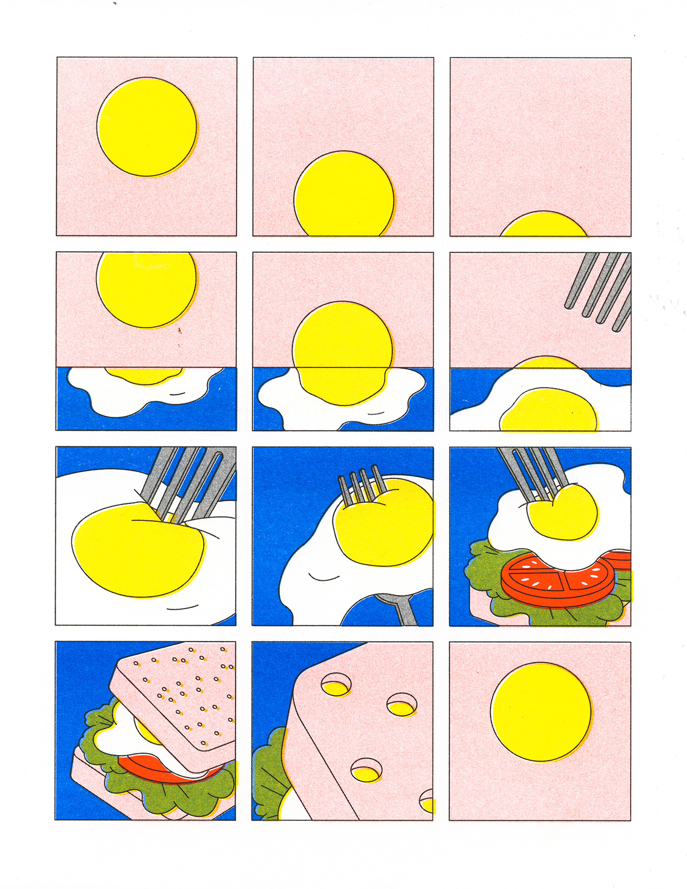 Absurd comic daily Food  panels prints Repetition Riso Wordless