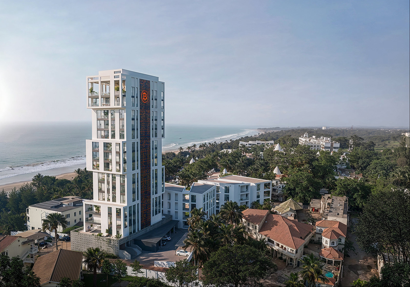 Bitcoin Tower, multi-storey residential building on a coastal landscape