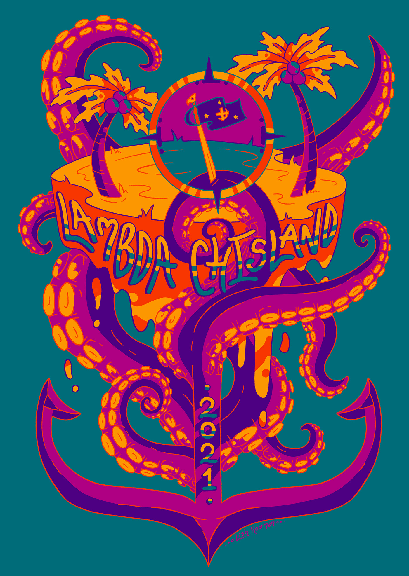 Island octopus pirate shirt shirt design sunset tentacles beach Palm Tree Sword