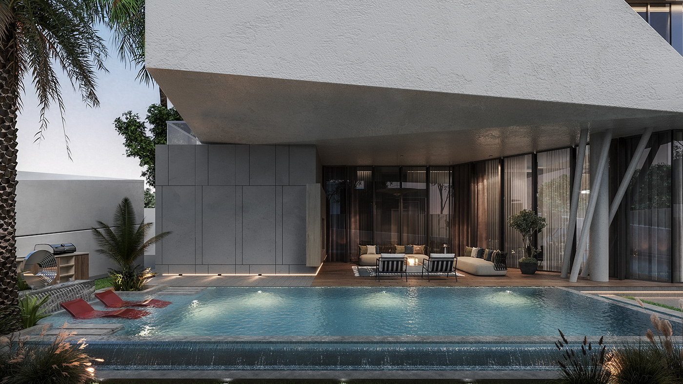 Outdoor swimming pool Render visualization interior design  exterior Patio terrace DUSK Landscape