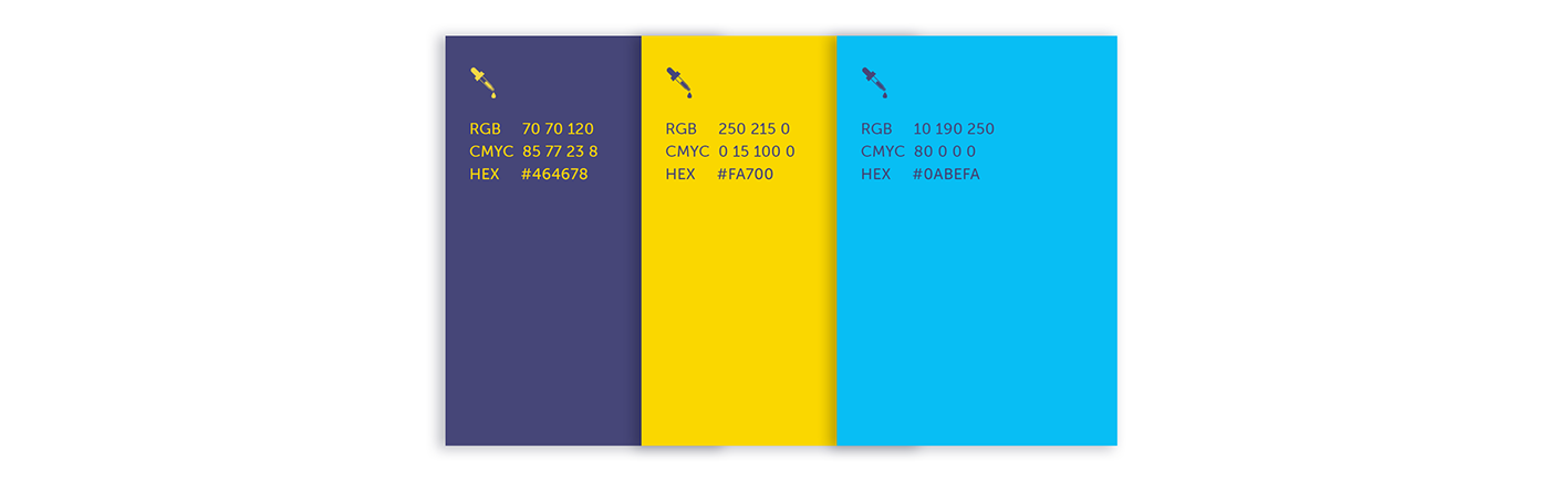 Color palette of dark blue, yellow and blue colours with RGB, CMYK and hex color codes