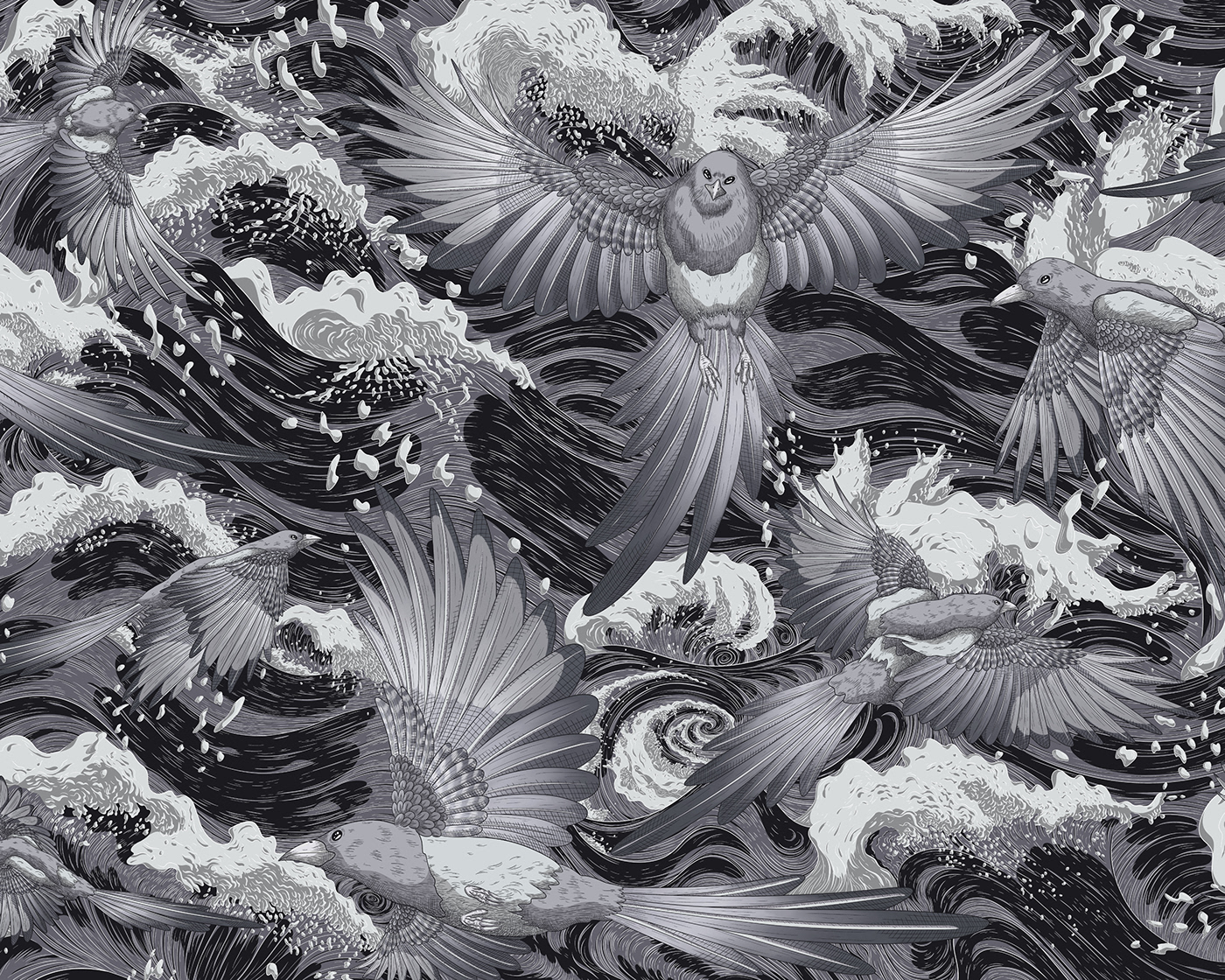 A monochromatic black and white illustration of a flock of magpies above the sea.