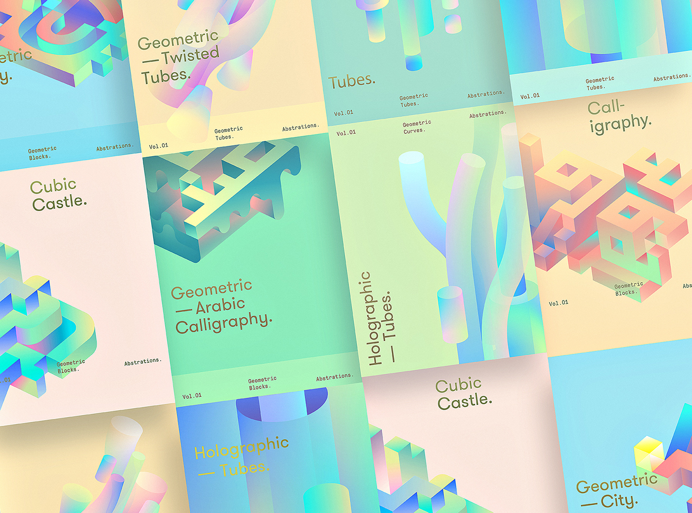 abstract geometric Isometric pastel vibrant Calligraphy   gradient cubes color digital