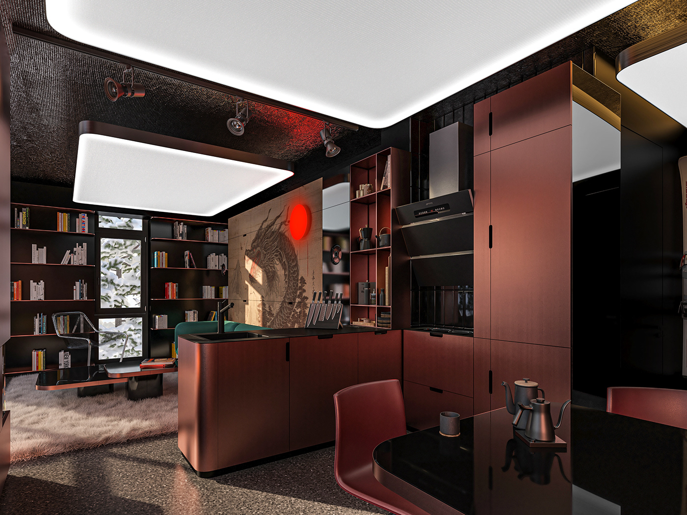 interior design  visualization cooper terazzo Dark interior Ski Resort Studio apartment living room WC design foiling