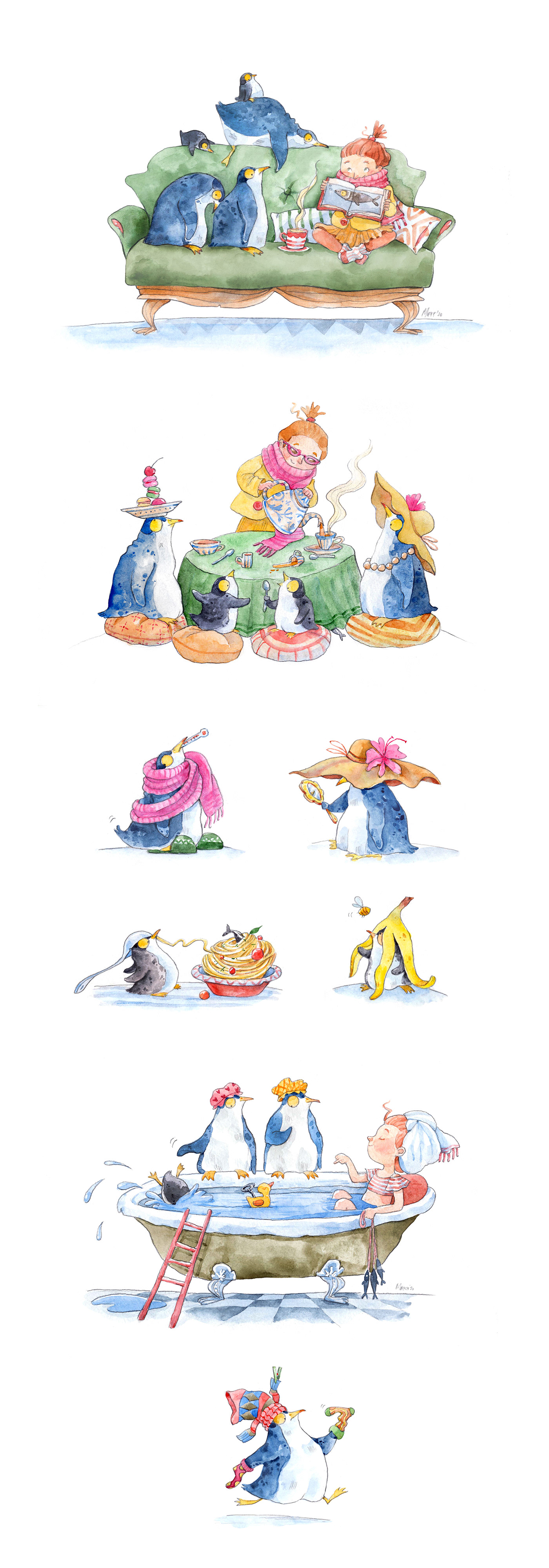 book illustration cartoon Character design  children book cute fairy tale illustrations penguins storybook watercolour