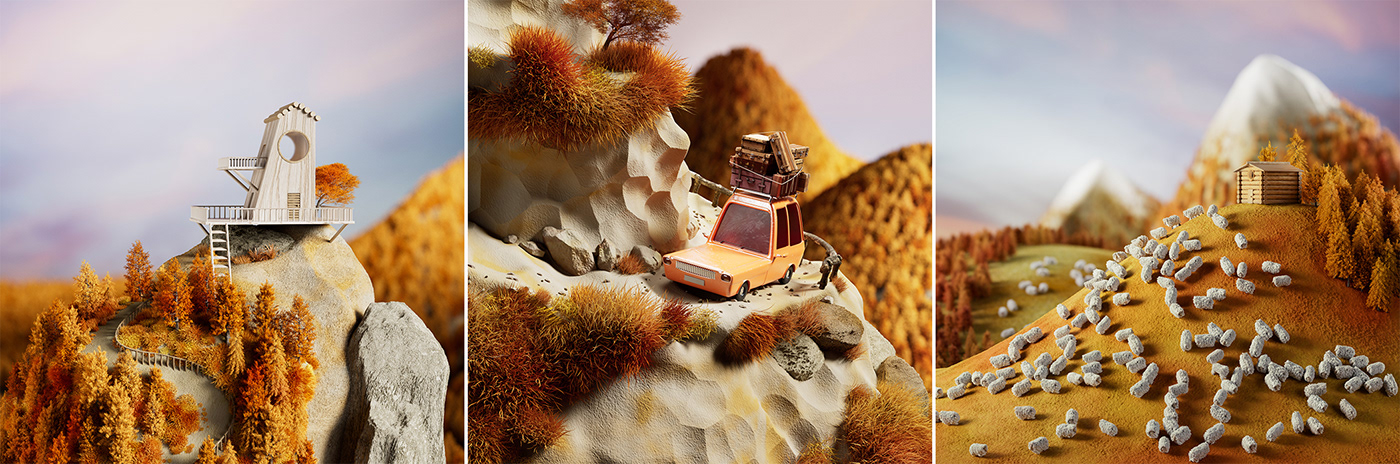 3D autumn cinema4d home Miniature mountains Nature redshift rock set