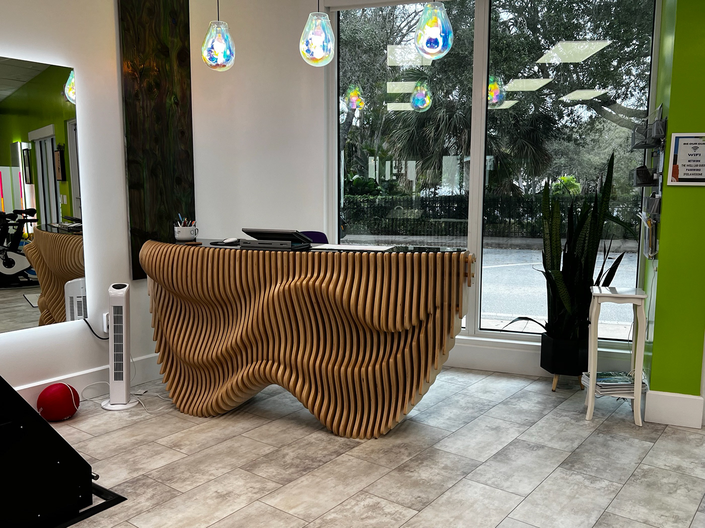 parametric cnc plywood Reception desk modern geometric wooden furniture abstract design ideas lobby bench