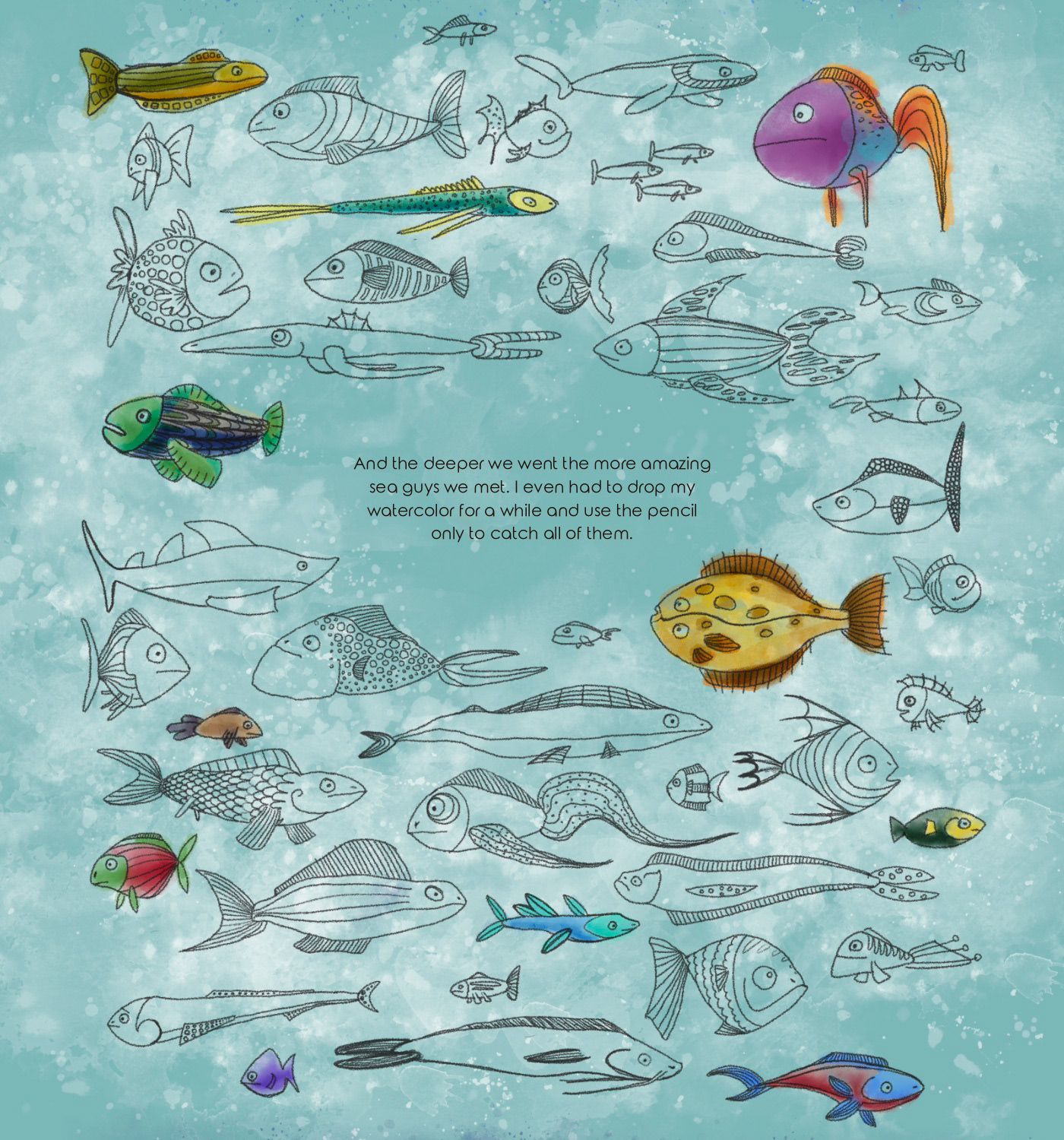 book illustration children illustration digital watercolor dog fishes kids illustration puppy sea under water watercolor