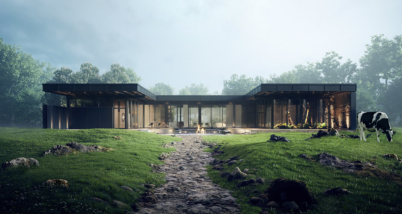 house CGI visualization england cow black mood misty terrariums rocks