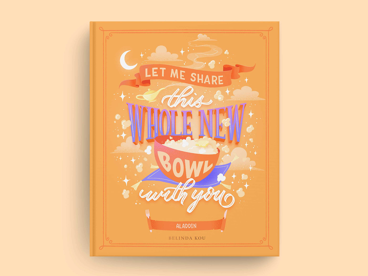 Aladdin book cover art featuring hand lettering and illustrations of fairy tale and food art