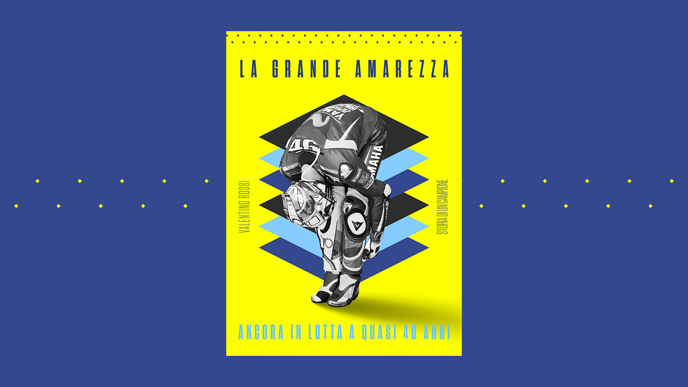 A yellow poster with a motorcycle racer photo