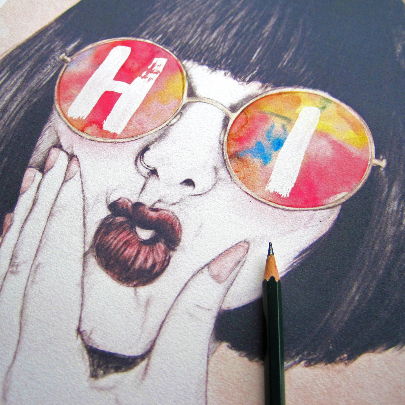 Drawing  portrait woman pencil ILLUSTRATION  watercolour Cheeky face Sunglasses Fashion 
