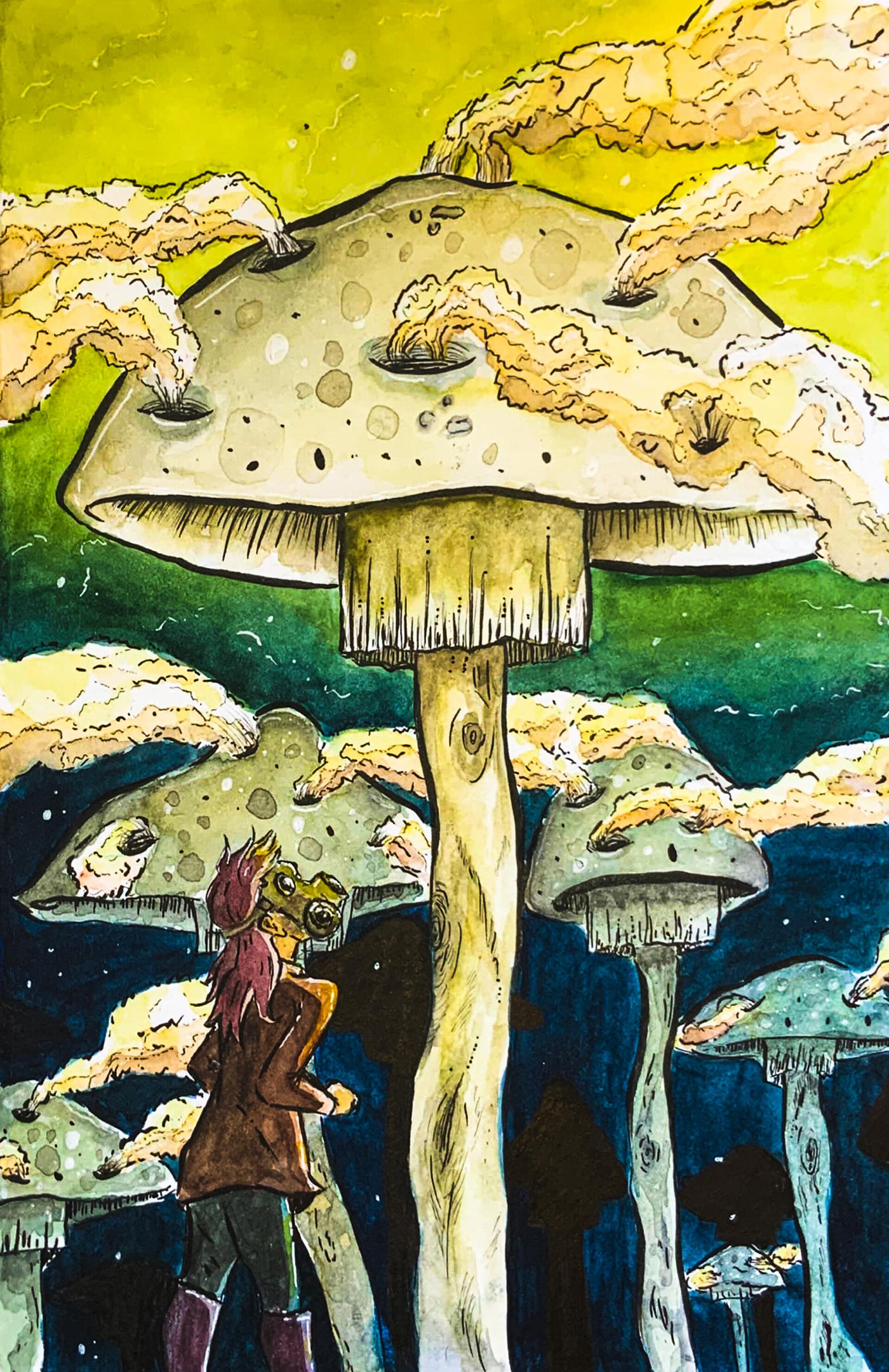 ILLUSTRATION  watercolor Mushrooms toxic green