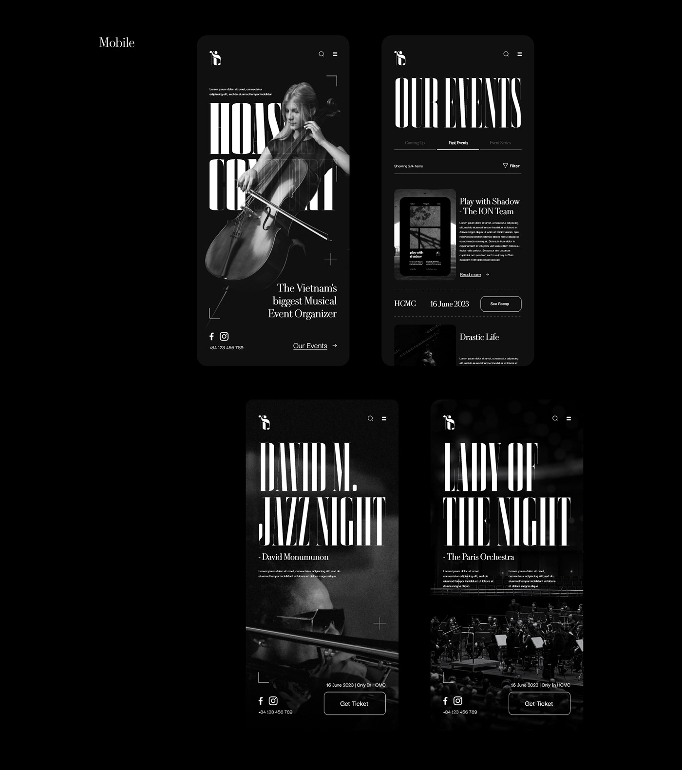black and white concert landing page music portfolio website ui design UI/UX Web Design  Website Website Design