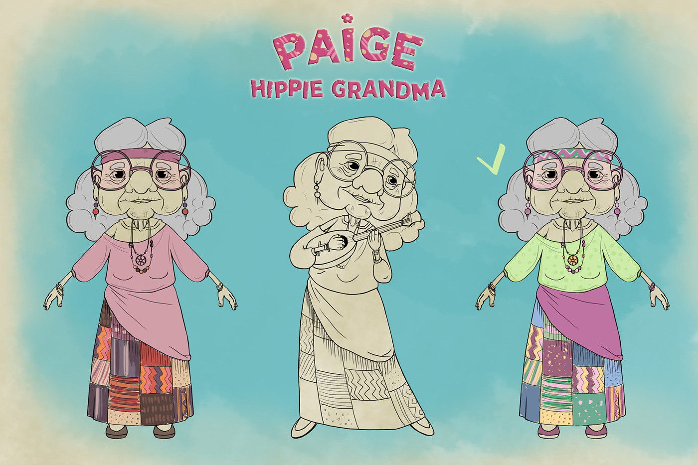grandma grandmother grannie granny hippie ILLUSTRATION  Ukulele