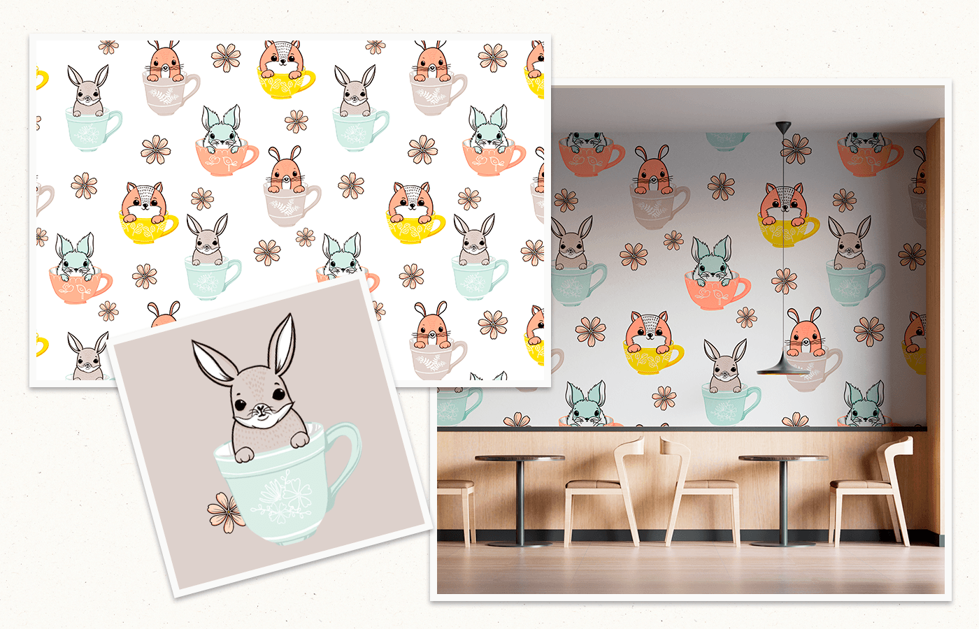 teacup coffee cup Flowers Digital Art  Drawing  animals Character design  surface design pattern seamless