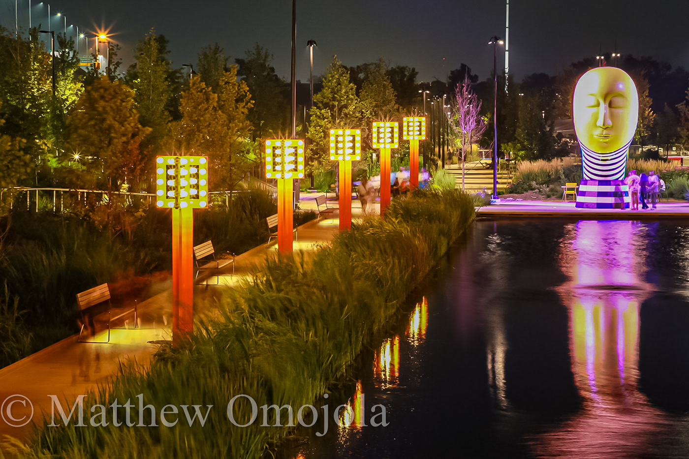 night photography omaha riverfront Downtown Omaha at night Omaha Nebraska fnbo Yinka Shonibare Jun Kaneko