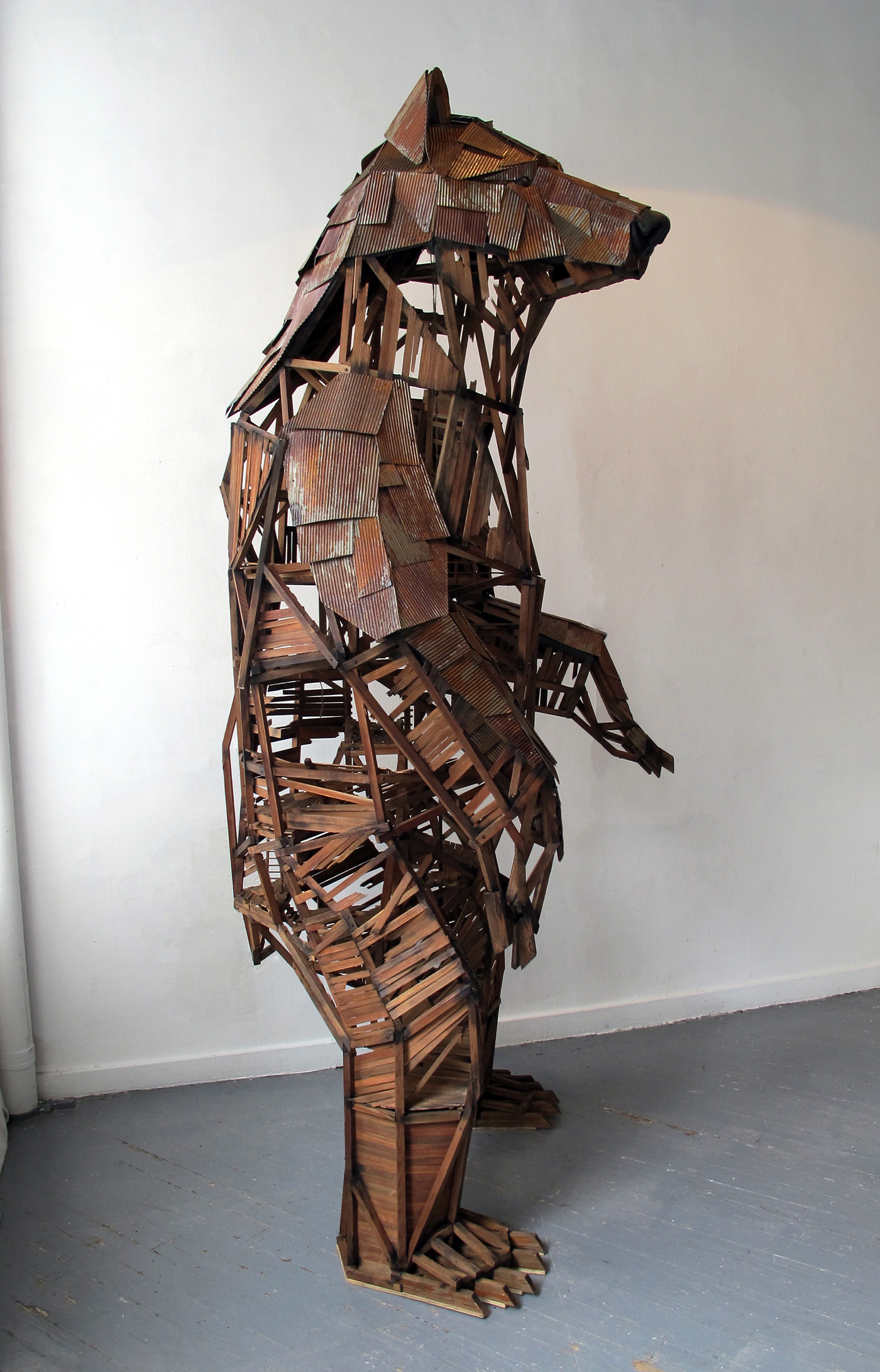 bear sculpture corrugated metal wood grizzly rustic
