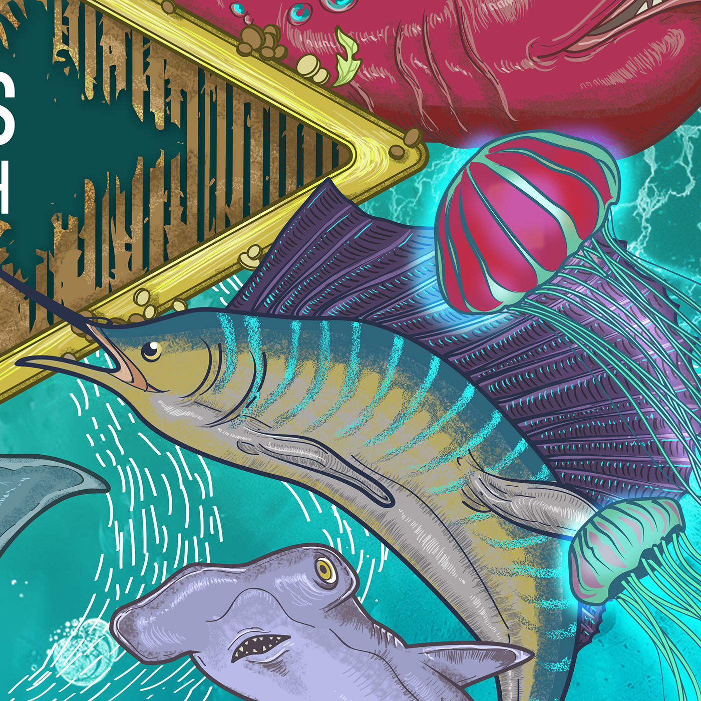 underwater Deep Sea Diver festival poster music festival poster echoes of earth krackn inc deep sea adventure magical illustration