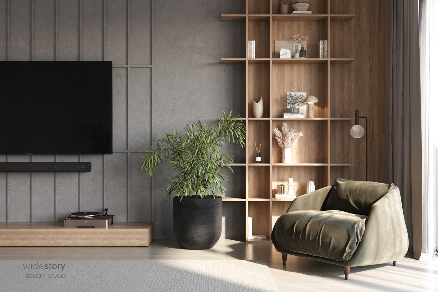 interior design  architecture visualization tvunit livingroom creative walldesign bookshelf wallpanelling