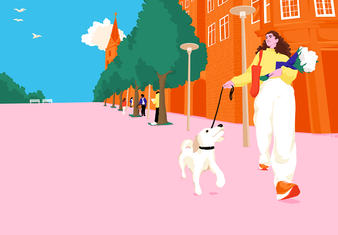 Eine Frau geht mit einem Hund an der Leine durch die Hamburger Innenstadt. Sie trägt Blumen. 