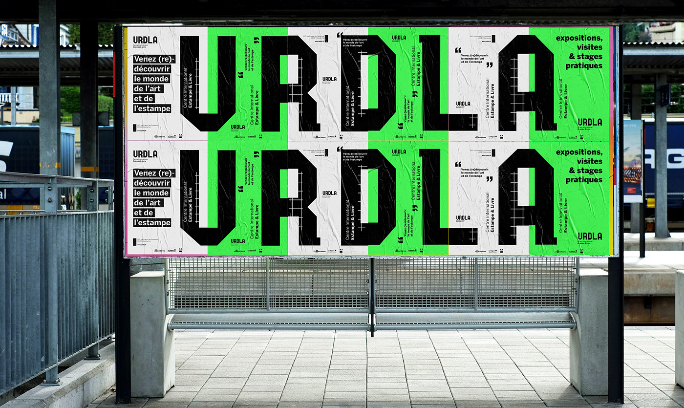 URDLA contemporary art fluo green neon estampe centre d'art grille grid Art Center