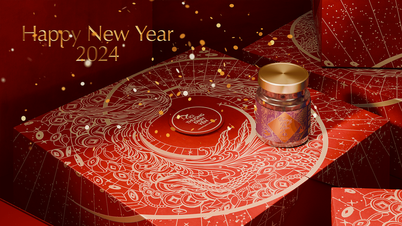 2024 design happy new year gift set Packaging pulustudio birdnest red box dragon money ILLUSTRATION 
