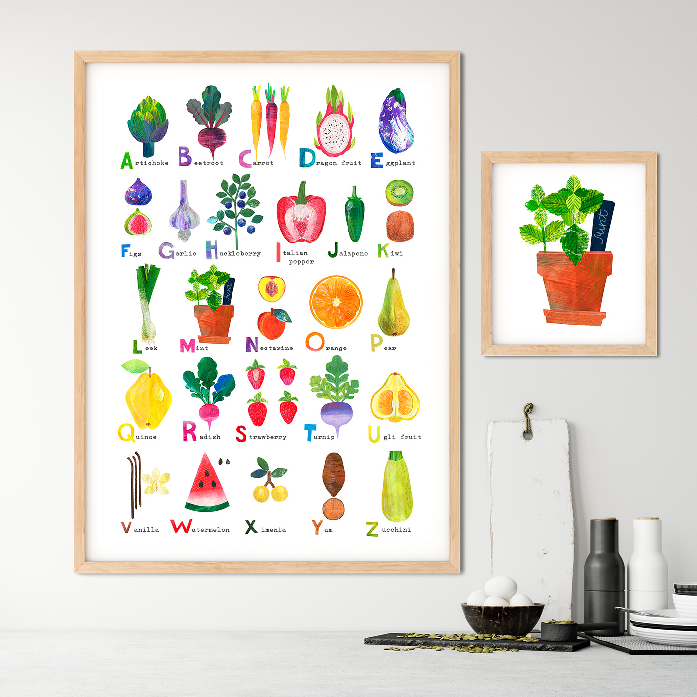 alphabet Food  kids letters mixed media paper poster