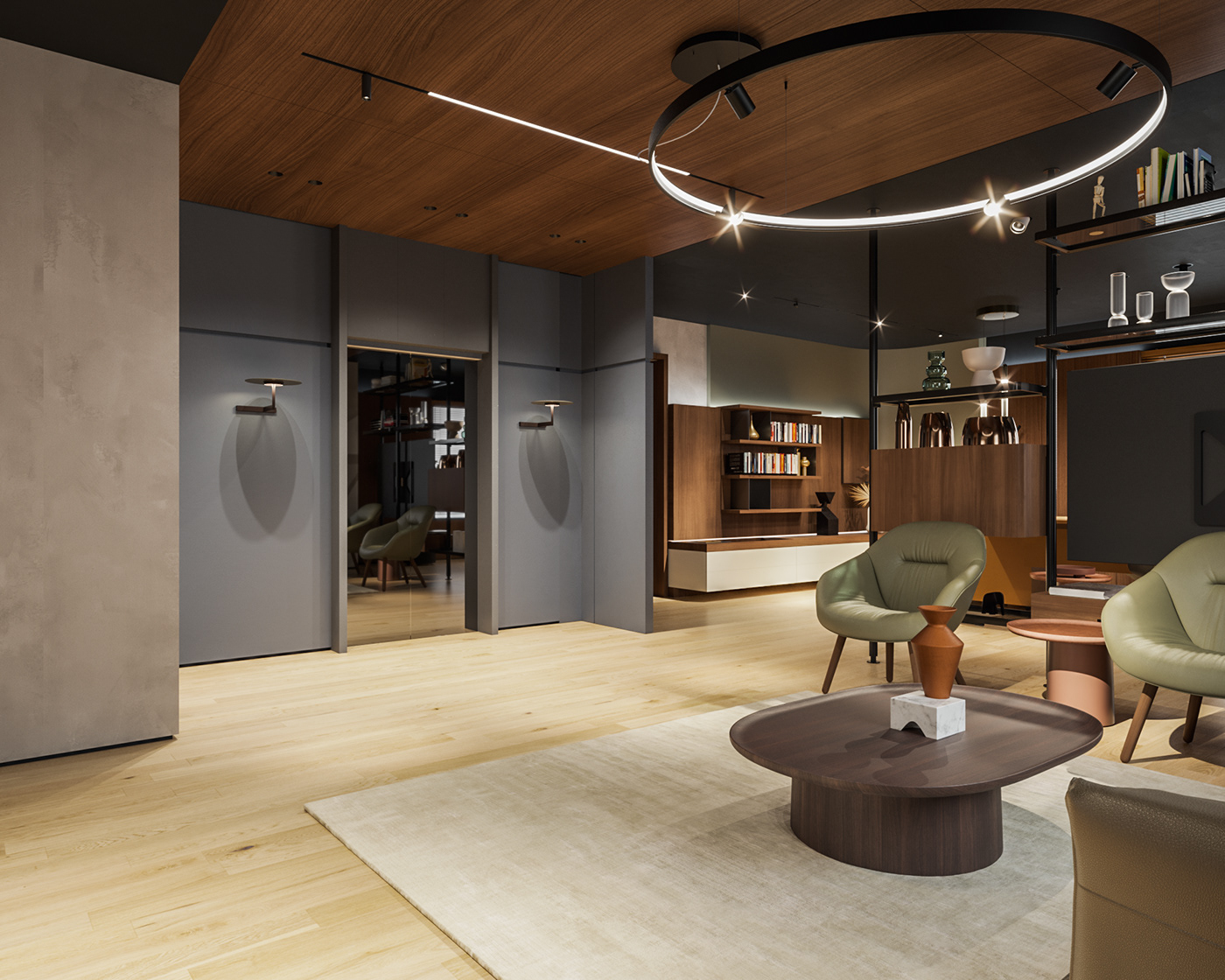 Interior visualization corona architecture wood walnut modern Render CGI interior design 
