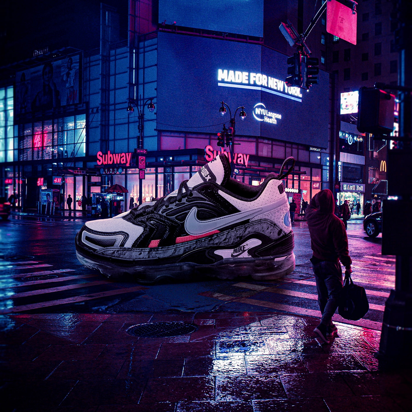 giant sneaker photo composite. retouching and image manipulation done with photoshop