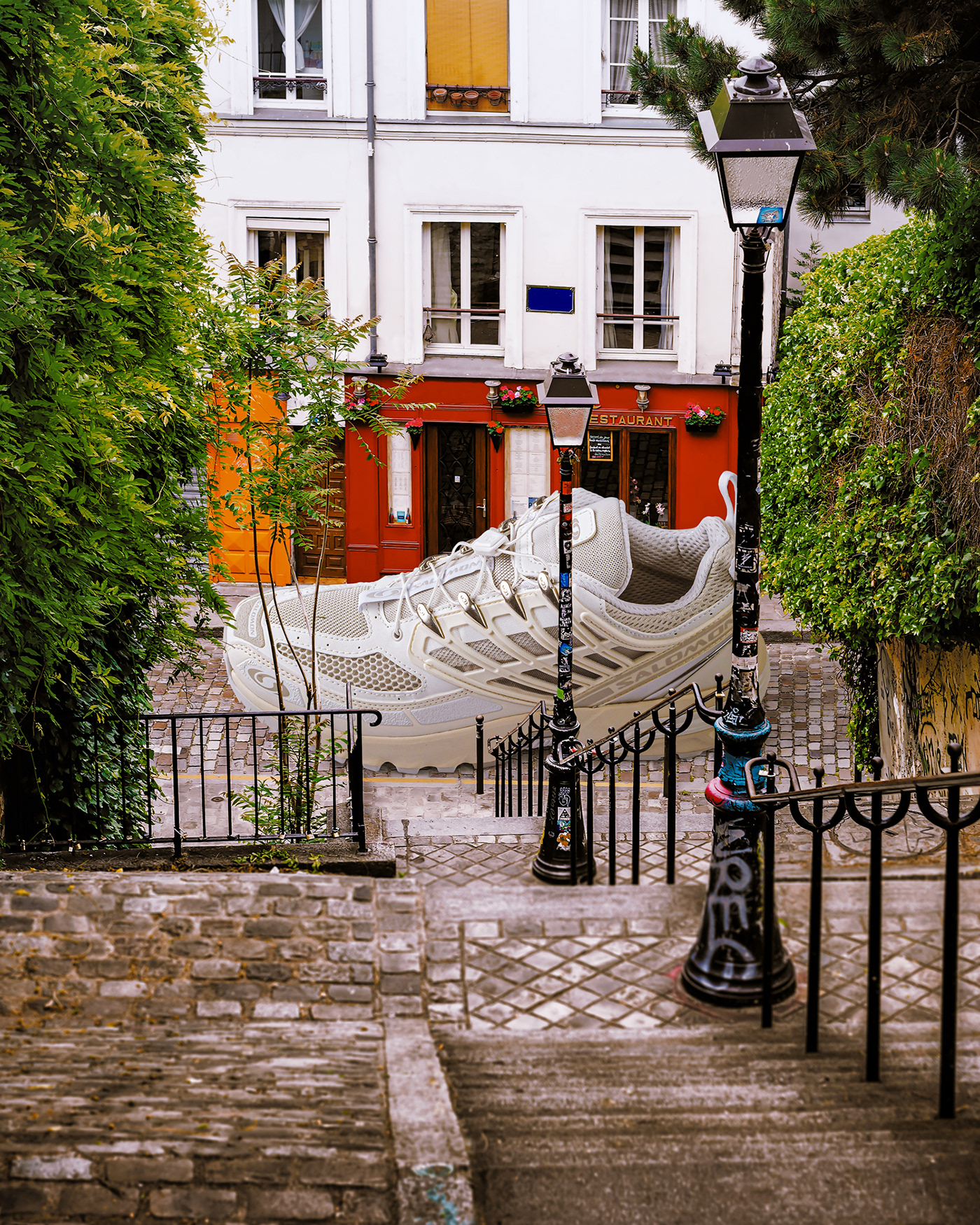 Giant sneaker photo composite in Paris. Retouching using Photoshop