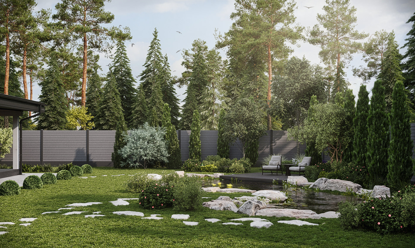 терраса пруд лес природа барбекю брус Деревянный дом дизайн участка зелень ландшафтный дизайн