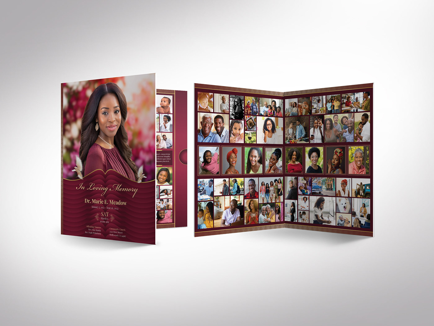 funeral program celebration of life bifold brochure In loving Memory memorial service funeral service digital download burgundy and gold for women tabloid 11x17