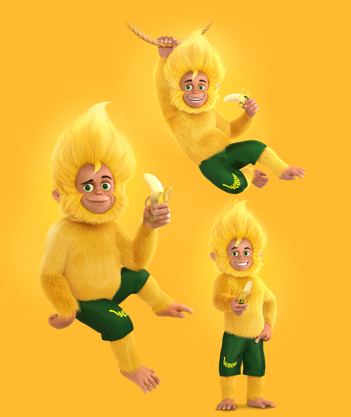 yellow brand hero Character 3D Scultping monkey banana rigging alchemiqstudio