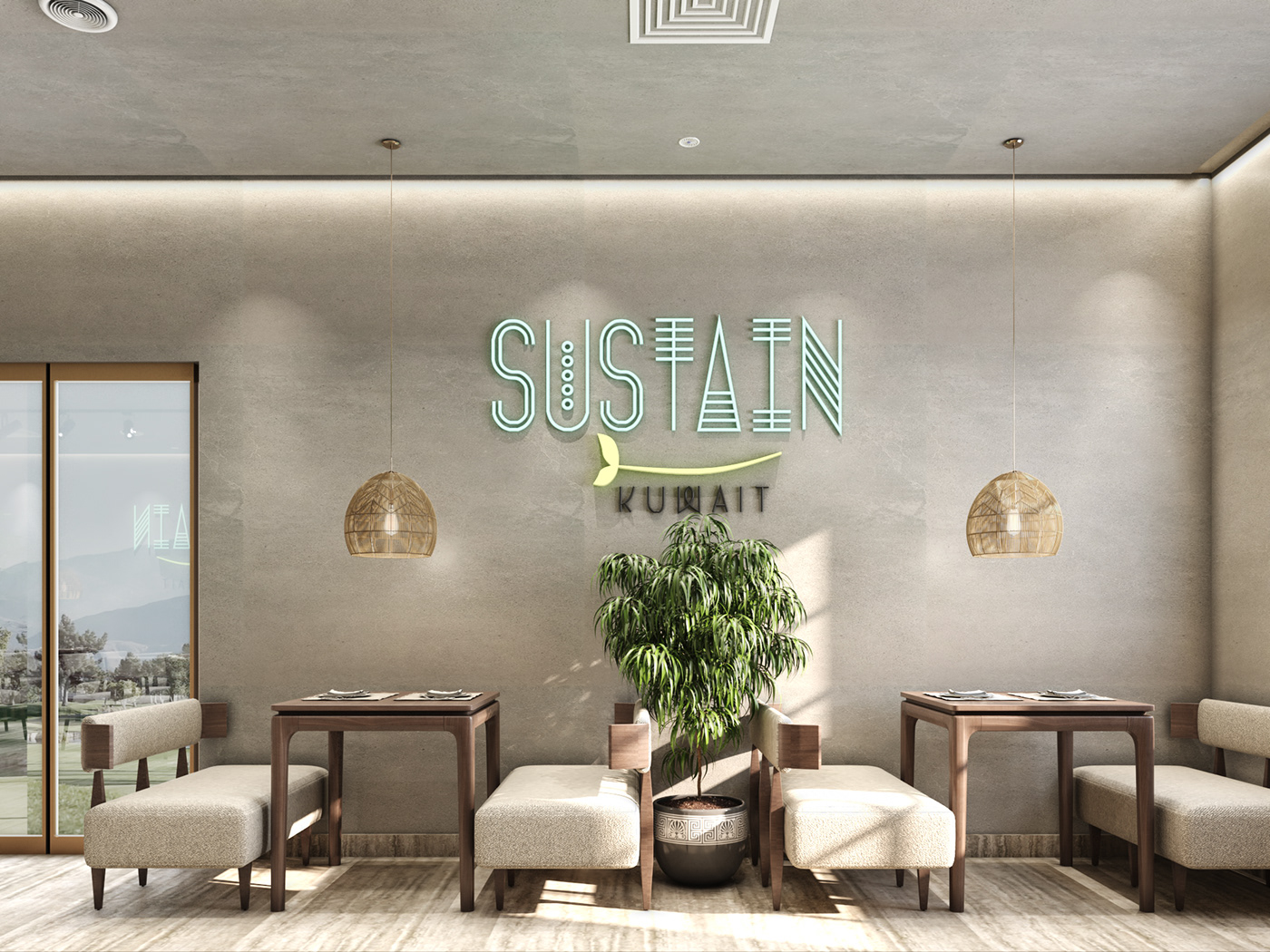 Interior architecture green restaurant designer decor visualization Render