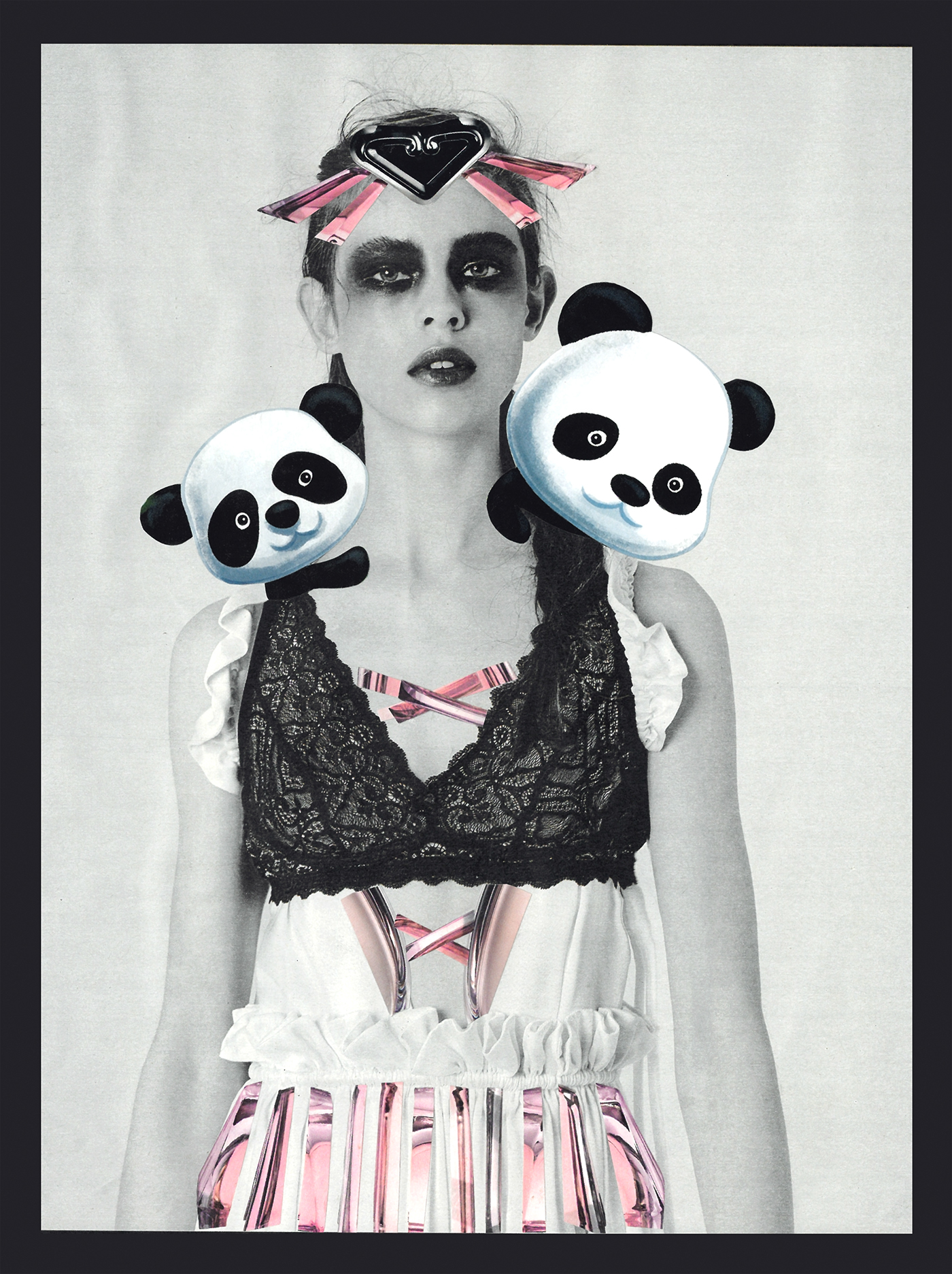 Night Owl Early Bird Panda  BTW black and white lingerie lace Insomnia handmade collage