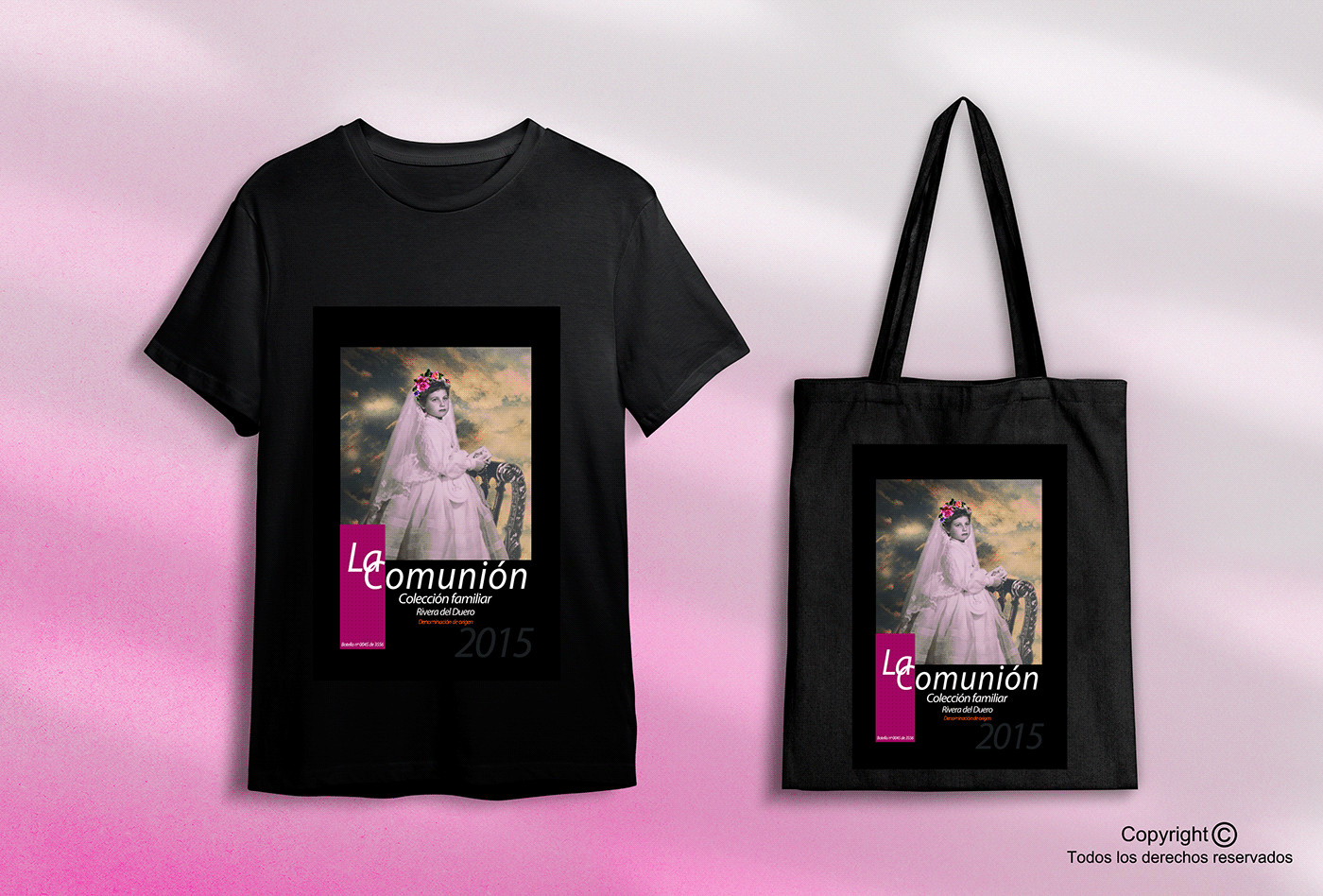 Artículos promocionales, camisetas y bolsas de algodón vinos "La Comunión" diseños personalizados

