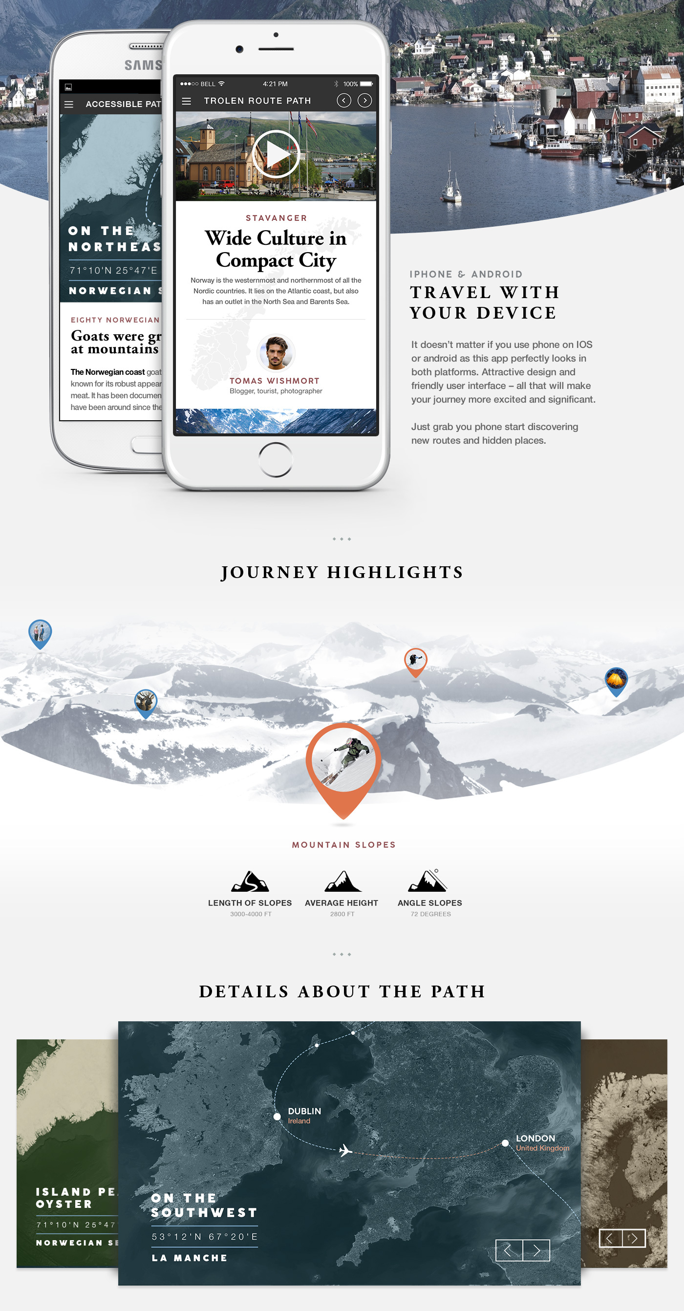 design norway application iphone Travel journey route path widget map statistic infographic mountains Ocean hiking