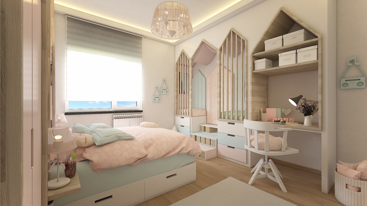 children room kids room bedroom design Light colour interior design  small room pink blue white girl room