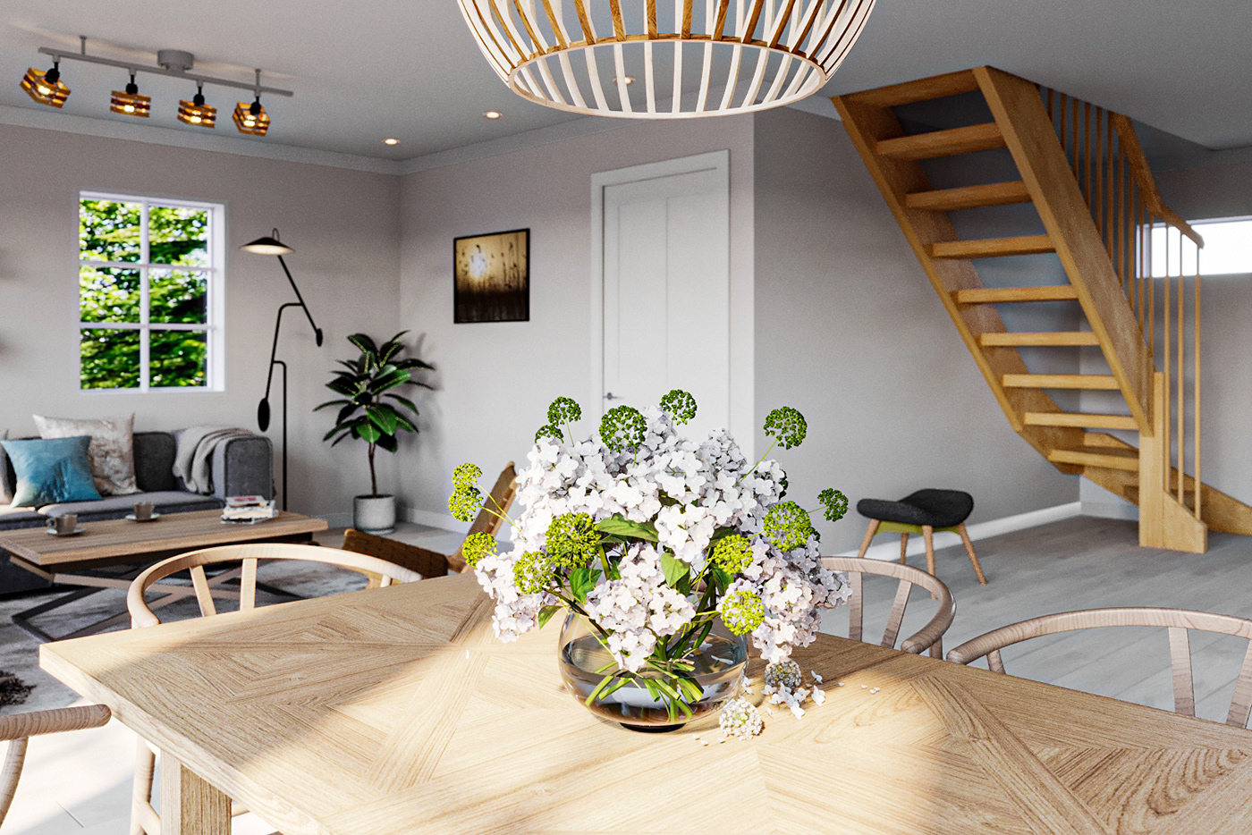 3D 3dsmax corona render  interior design  kitchen living room Render Scandinavian design visualization