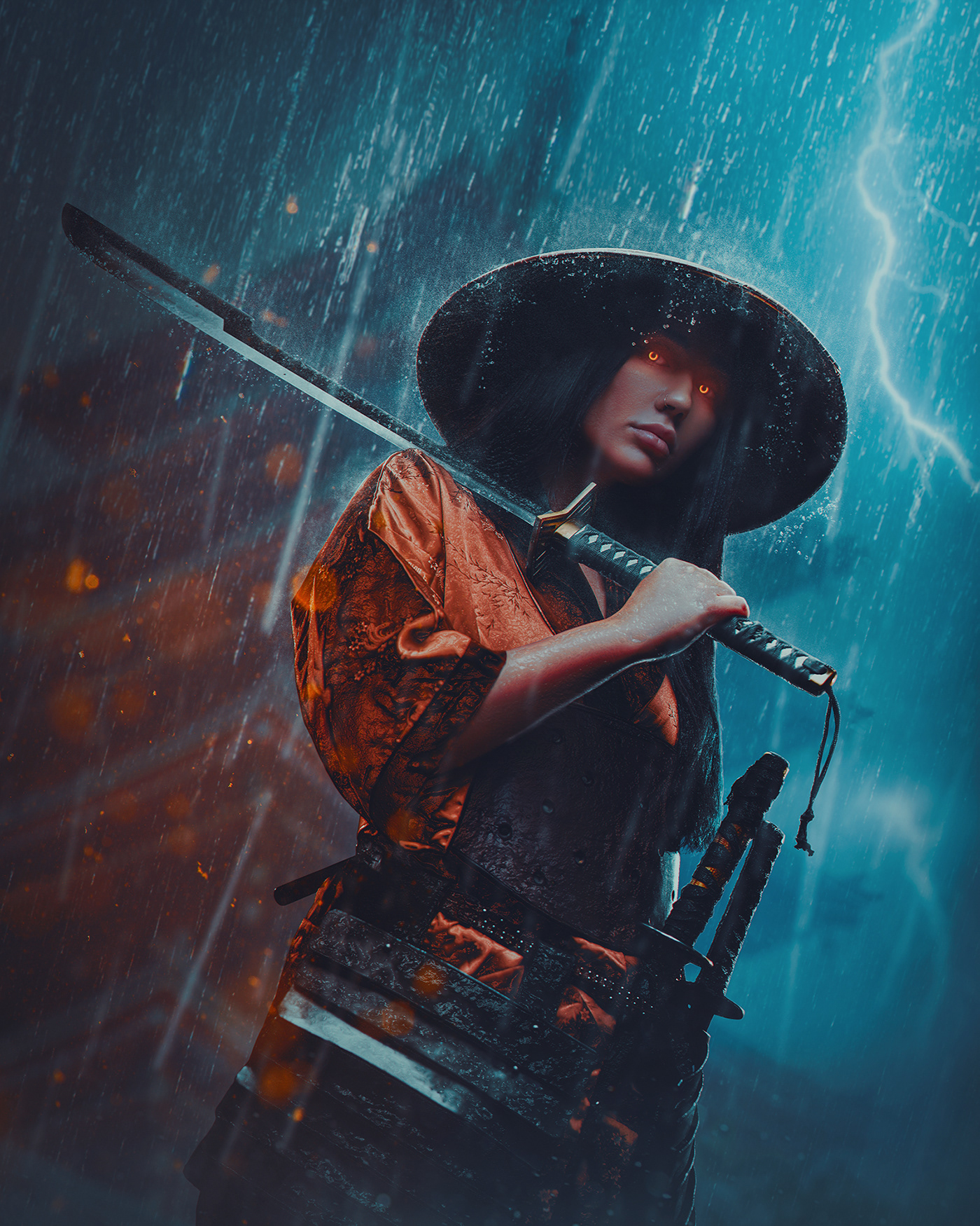 Adobe Photoshop Bushido katana Matte Painting Photo Manipulation  photoshop rain temple warrior