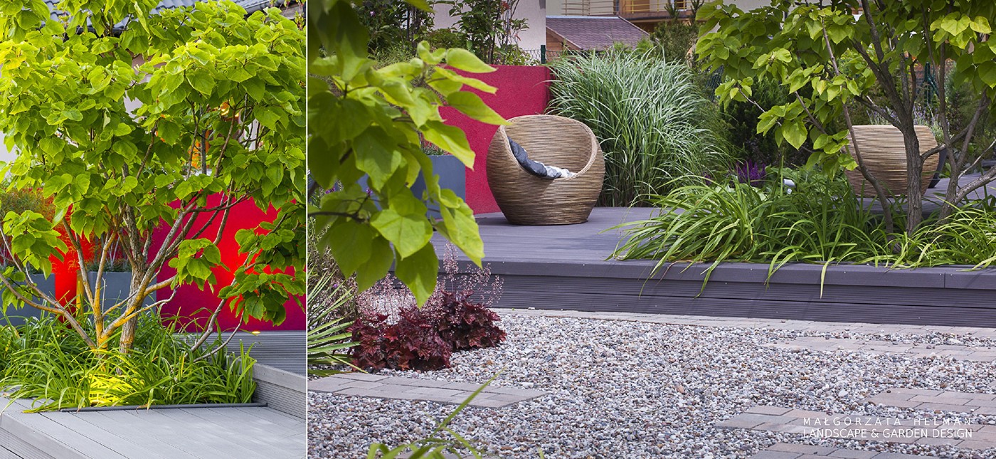 ogrod zwirowy nowoczesny ogród projekt ogrodu Czerwony red gravel terrace garden design