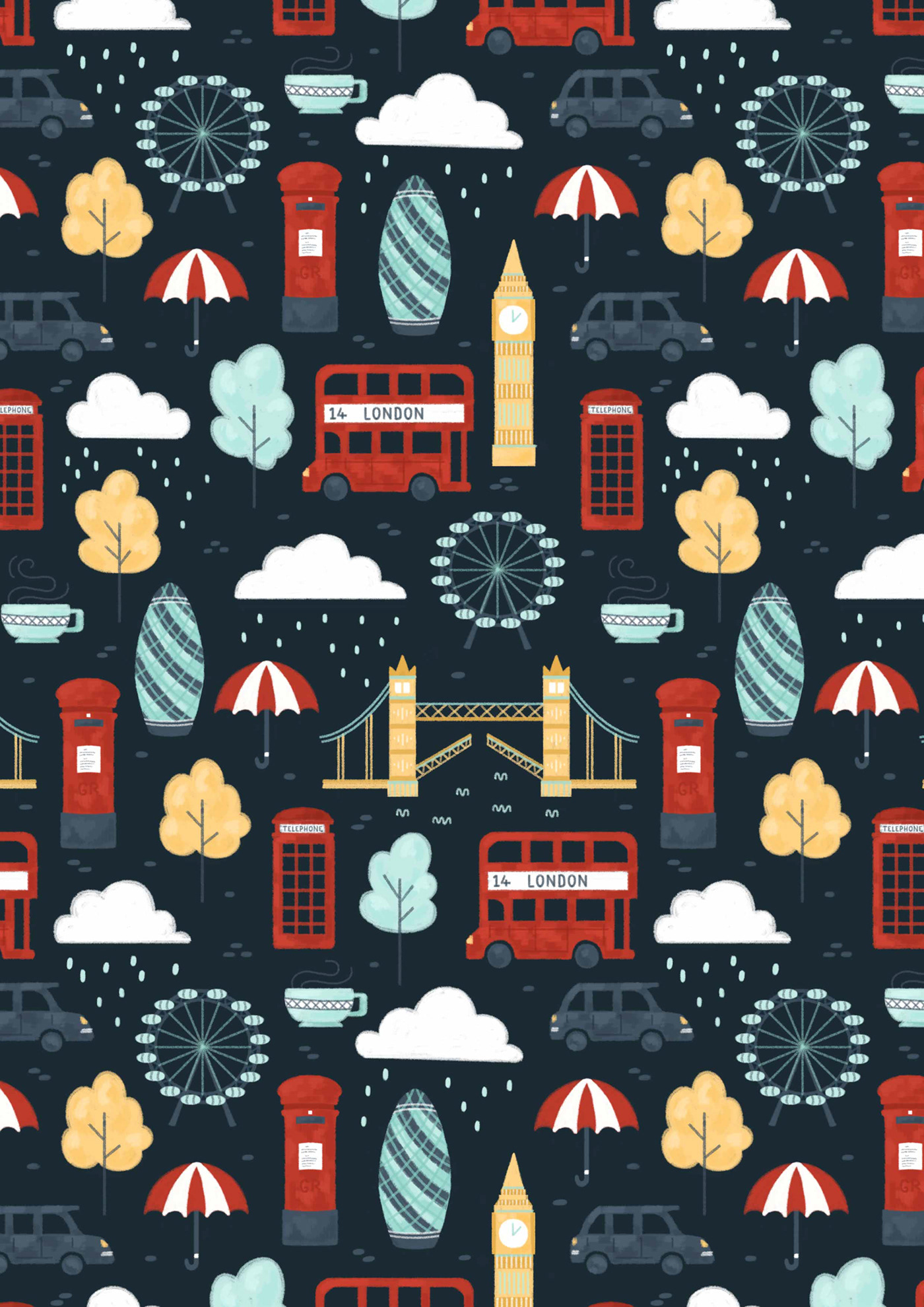 London city pattern Travel print design  bus england taxi red trees
