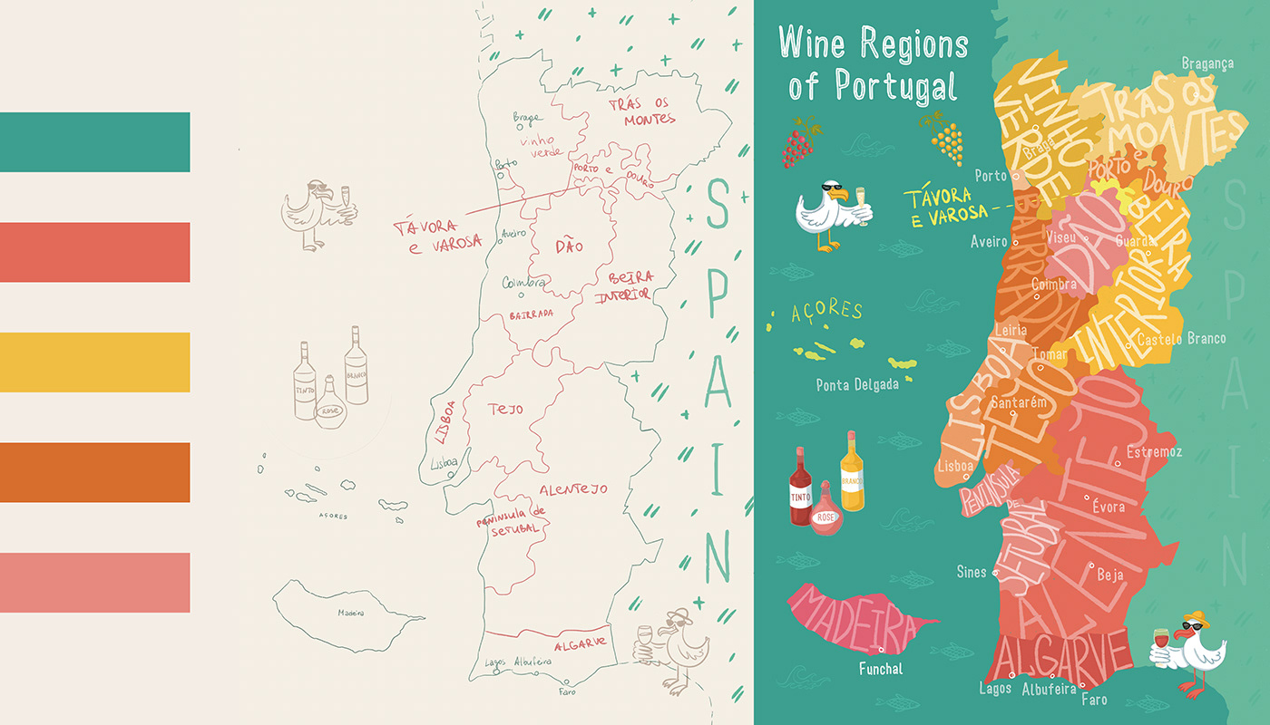 collage consisting of a color palette, draft and final version of Portugal map with wine regions