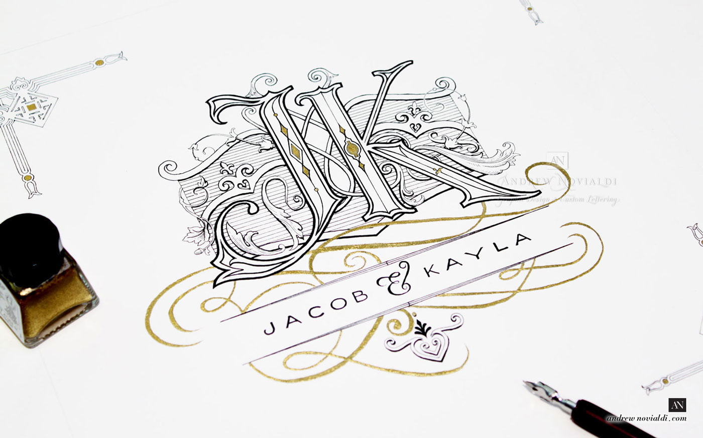 monogram wedding baroque cartouche filligree elegant lettering typography  