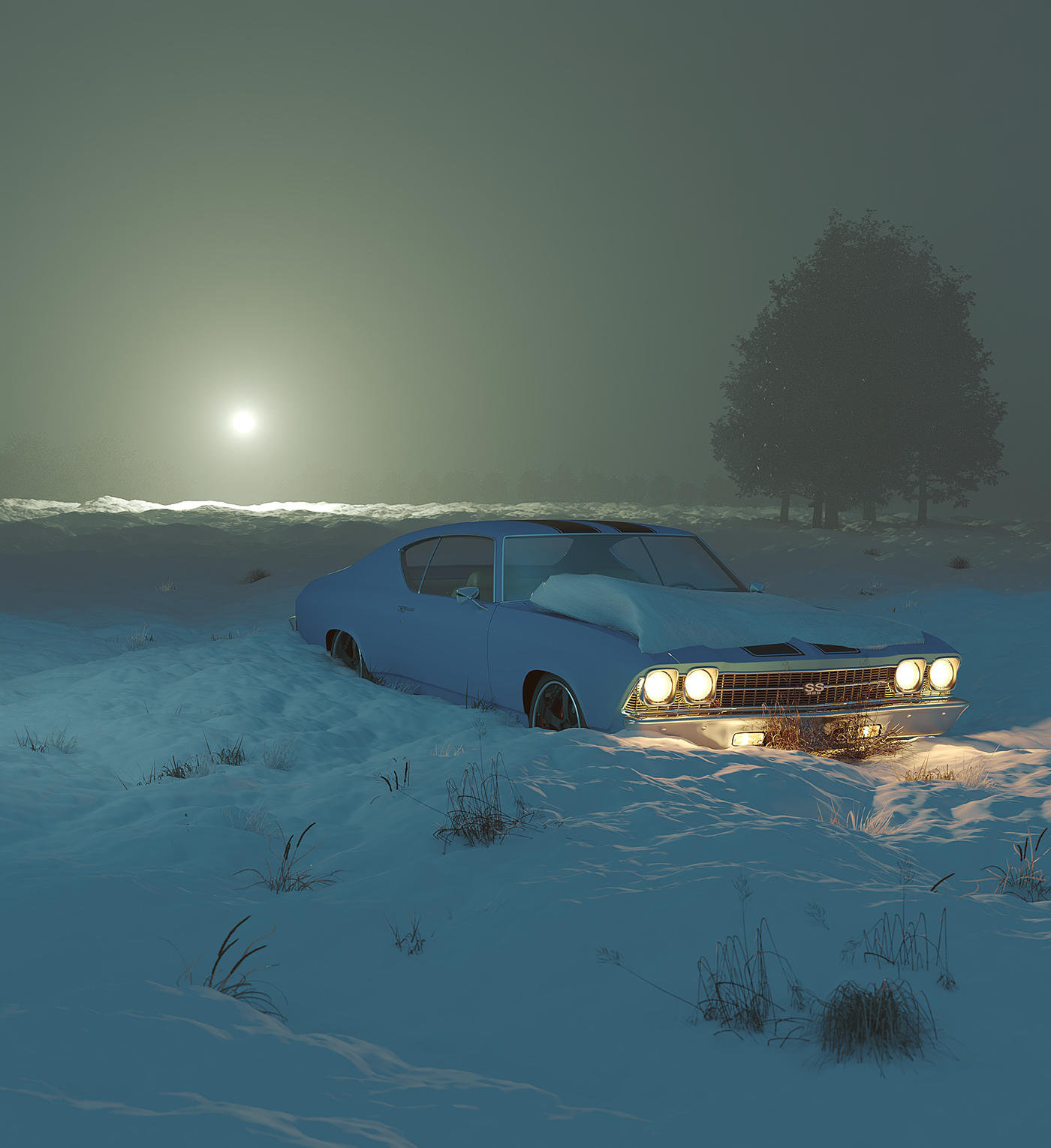 Outdoor model snow Landscape 3D car moon Sunrise fog