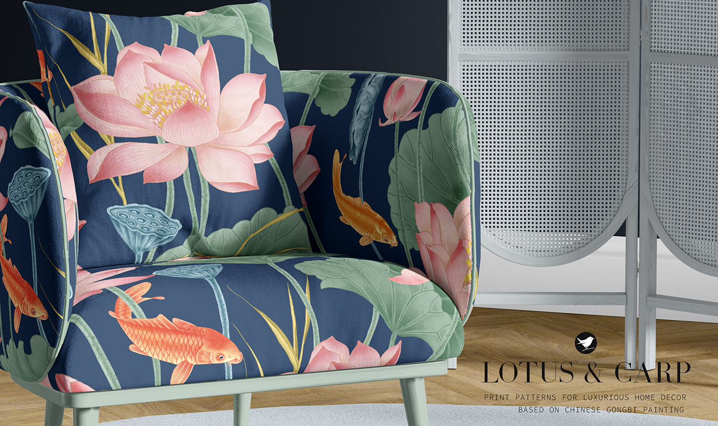 Home textiles. An elegant Chinese-style armchair with delicate lotuses and bright fish.